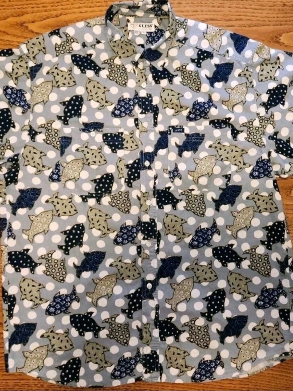 Vintaga 1990,s GUESS Blue & Gray Novelty Print Button-Up Shirt